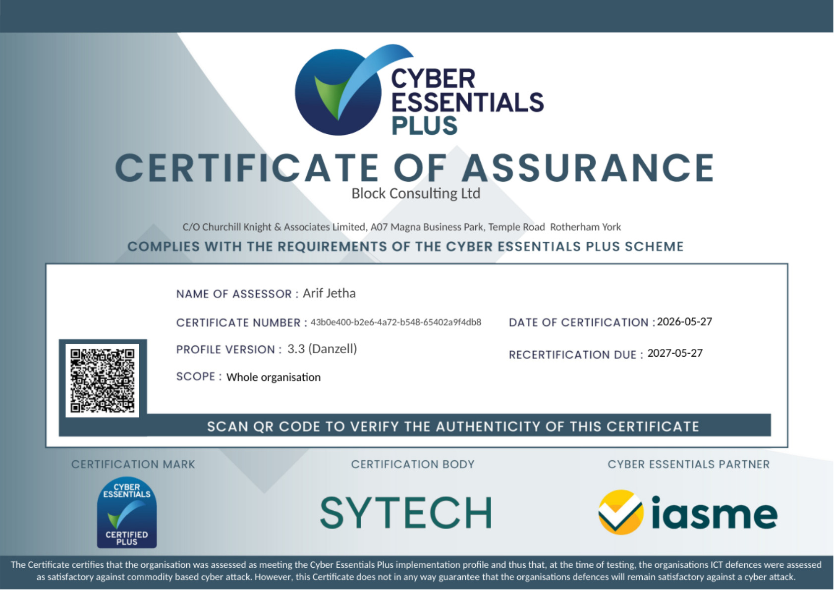 Cyber Essentials Plus certification certificate
